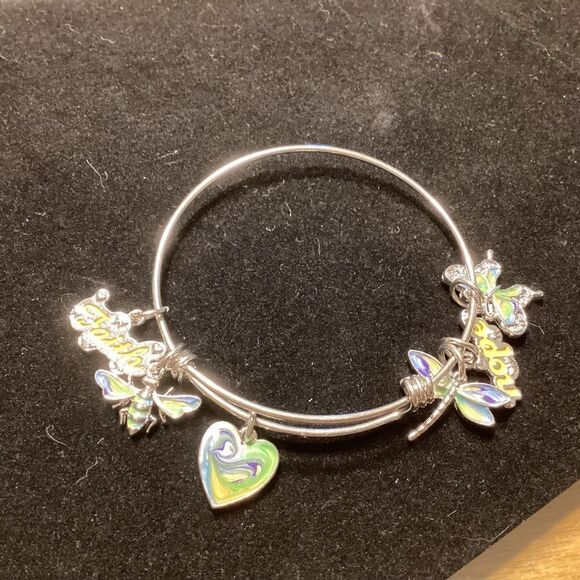Adjustable Silvertone and Enamel Charm Bangle Bracelet - Picture 3 of 6